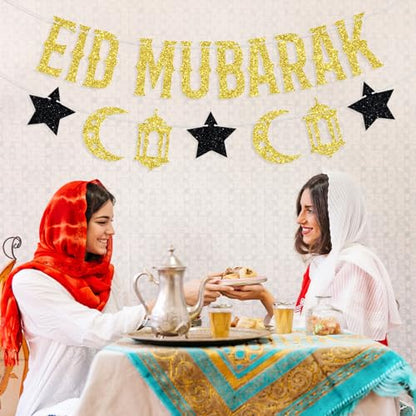 Eid Mubarak Banner, Umrah Mubarak Festival Party Decorations, Muslim Islam Eid al-Fitr Party Decorations Supplies Gold and Black Glitter
