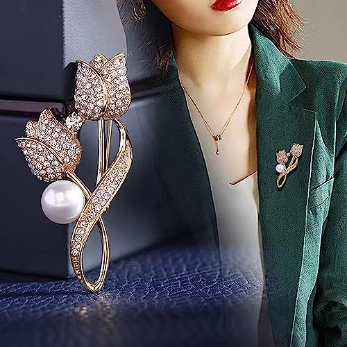 Crystal Pearl Flower Brooches Pins Fashion Beautiful Created Rhinestone Floral Brooch Good Idea for Party Dance Wedding Banquet for Elegant Women Girl - color: Gold Tulip