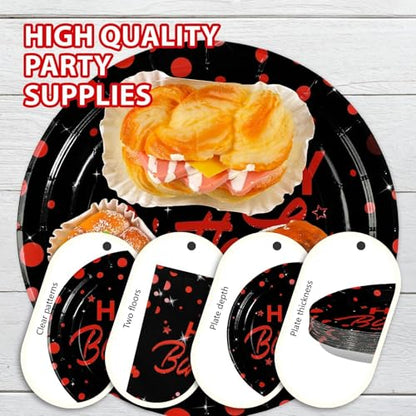 Grencian 96Pcs Red and Black Birthday Party Decorations Red Polka Dots on Black Paper Plates and Napkins Disposable Dessert Tableware for Men Women Birthday Party Decorations 2026 Serves 24 - style: Red Black Wave Point Birthday Sets