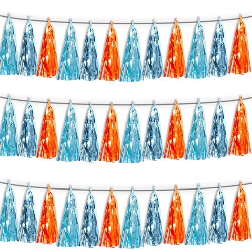 3P Lake Blue Light Blue-Orange Tassel Banner Garland Metallic Foil Fringe Banner Tinsel Tassels Streamer Banner Backdrop for Parade Floats,Graduation Decorations, Wedding Party Decoration - color: Lake Blue Light Blue-Orange