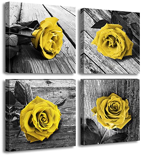 Yellow Rose Canvas Wall Art Decor 12x12 Inch 4Pcs Framed Vintage Rustic Art | Fade-resistant canvas print on solid wood frame. Symbolizes friendship and happiness. Versatile for any living room and decor - color: Yellow rose-4p