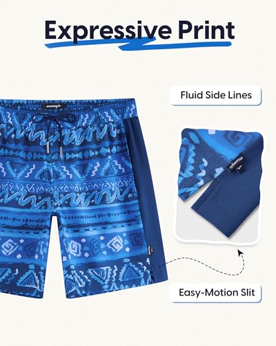 maamgic Mens Swim Trunks - Mens Bathing Suit with Compression Liner 7 Inch Quick Dry Fshion Stretch Zipper Pockets Swimwear - color: 2-navy Blue-navy Blue-layered Pattern, size: Small