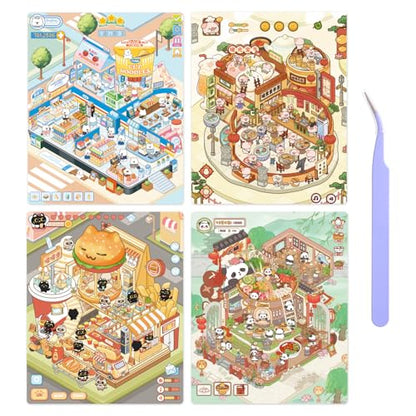 Girls 3D Miniature Scene Stickers, 4 Sets Mini Stores DIY House Stickers for Burger, Hot Pot, Convenience Store, Breakfast, Cute 3D Cartoon Scene Stickers for Adult Kids Relief Stress Pass The Time - style: Opening Stores