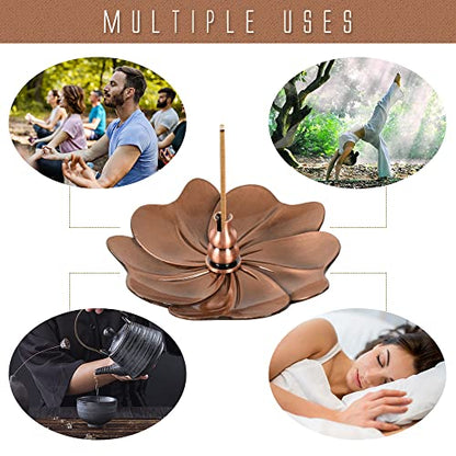 Sakura Flower Incense Holder, 5Pcs Red Bronze Incense Burner Holder with Silk Pouch, Bowl-Shape, Lotus Multi-Holes, Cone Shape and Gourd-Shape for Yoga Living Room Bedroom Home Fragrance - color: Red Copper, 5 Pcs