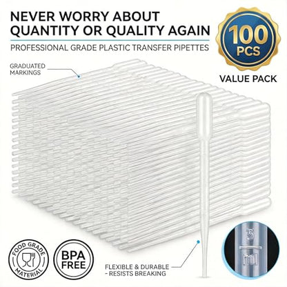 ovsor 50PCS 3ml Disposable Transfer Pipettes, Calibrated Plastic Dropper | Precise Graduated Scale, Flexible Easy-Squeeze, Ideal for Essential Oils, Lab, DIY Art, Makeup & Liquid Transfer