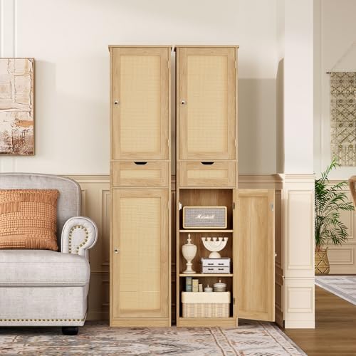 67" H Tall Storage Cabinet with 2 Rattan Doors and 1 Drawer, Narrow Rattan Cabinet with Adjustable Shelves, for Living Room, Entryway, Kitchen, Natural - color: Natural