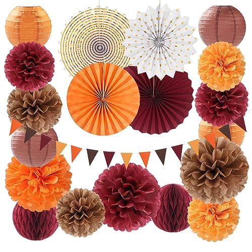 Burgundy Brown-Orange Baby-Shower Boho Party-Decorations - 20pcs Fall Autumn Paper Lanterns Fans,Tissue Pom Poms,Honeycomb Balls,Wedding Birthday Bridal Harvest Thanksgiving Festival Decor Burgleda - color: Burgundy Brown Orange White