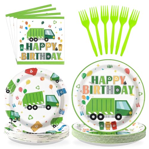 96Pcs Trash Truck Birthday Decorations for Recycling Party, Serves 24 - style: Garbage Truck Birthday
