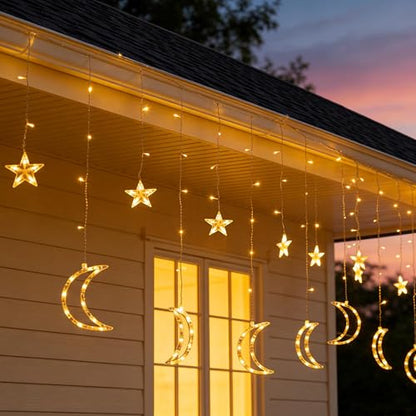 TW SHINE Ramadan Star Moon Curtain String Lights, 138 LED 8.2 FT Star Moon Hanging Lights with 8 Modes and Timer, Waterproof Fairy Lights for Indoor Outdoor Window Holiday Mubarak Ramadan Decorations