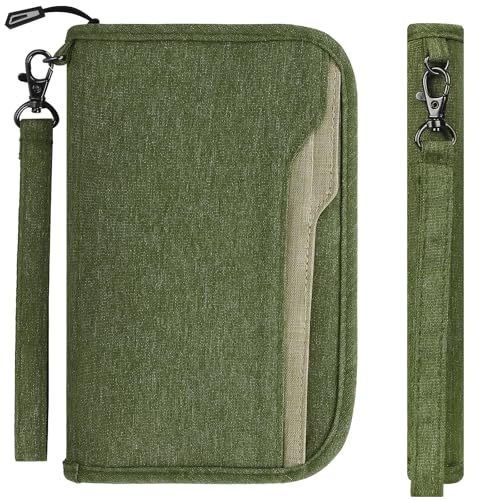ZOPPEN Passport Holder Family RFID Passport Wallet, Passport Holder Women/Men, Travel Wallet Documents Organizer Zipper Case with Removable Wristlet Strap, Travel Essentials for Flying - color: #06 Green