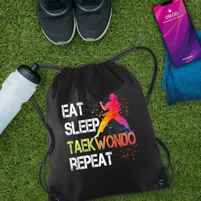 Eat Sleep Taekwondo Repeat Drawstring Backpack For Men Women, Waterproof Sport Sackpack For Taekwondo Lover Taekwondo Fan, Funny Birthday Christmas String Gym Bag Gifts For Her Him