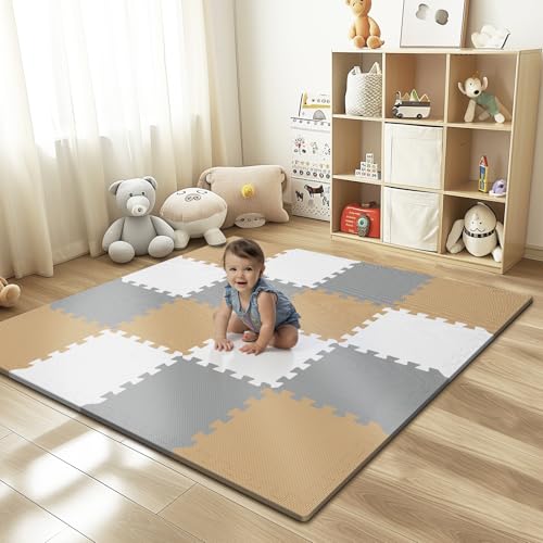 16 Tiles Baby Play Mat for Floor, EVA Foam Baby Floor Play Mat with 0.6 Inch Thick Interlocking Foam Tiles, Foam Floor Tiles for Baby, Toddlers and Kids (White-Brown-Grey, 16PCS) - color: Brown-white-grey, size: 16 PCS