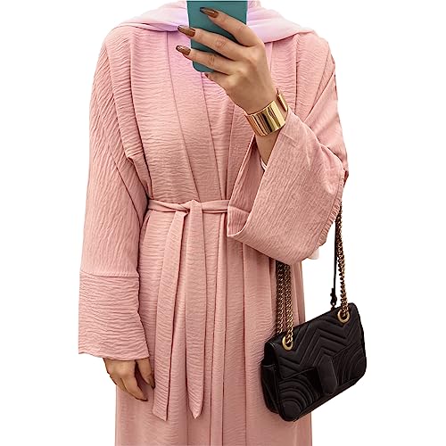 2PCS Women's Muslim Dresses Abaya Islamic Dubai Prayer Dress Robe Long Cardigan Maxi Dress - color: Pink, size: Medium