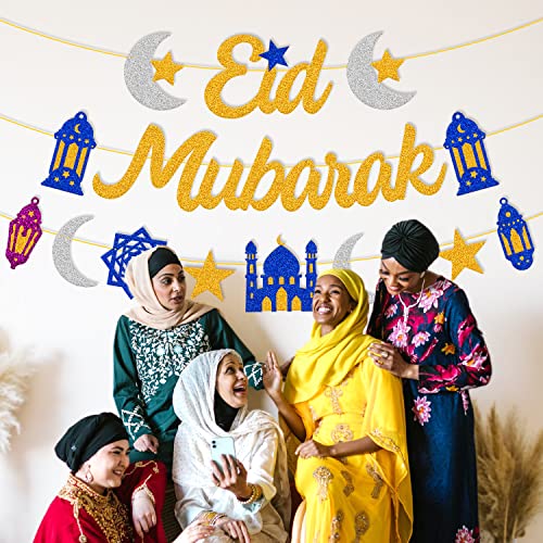 Eid Mubarak Banner Star Moon Lantern Castle Theme Party Supplies for Muslim Islamic Eid Al-fitr Festival Celebration Party Decorations （Gold）