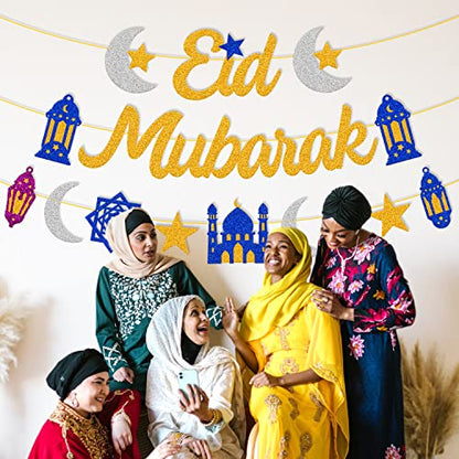 Eid Mubarak Banner Star Moon Lantern Castle Theme Party Supplies for Muslim Islamic Eid Al-fitr Festival Celebration Party Decorations （Gold）