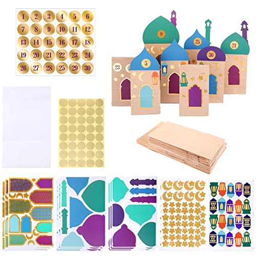 KESOTE 30CT Eid Mubarak Gift Bags Treat Bags with Moon & Star Stickers, Ramadan Countdown Advent Calendar DIY Brown Paper Bags