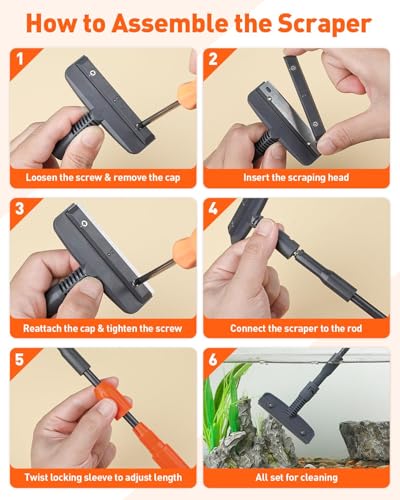 Pawfly Aquarium Cleaning Tools, 7 in 1 Fish Tank Cleaning Kit, Algae Scraper, Sponge Scrubber Pad, Brush, Gravel Rake & Fish Net with Adjustable Long Handle, Tank Cleaner Set