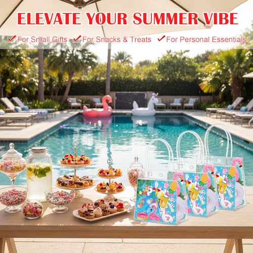 Aliceset 24 Pcs Pool Party Gift Bags with Handles Clear Swimming Theme Tote Bag Reusable Hawaii Themed Treat Bags for Summer Beach Pool Party Kids Birthday Supplies, 6.31" x 5.91" x 3.15" - style: Pool