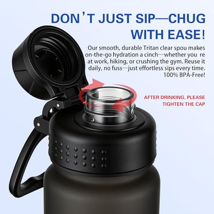 OLDLEY 32 oz Water Bottle with Handle, BPA-Free Tritan Reusable Sports Water Bottle with Leak-Proof Dust Lid, Wide Mouth, Cup Holder Friendly, Half Frosted Clear Bottle for Gym, Travel, Work,Black - color: Black