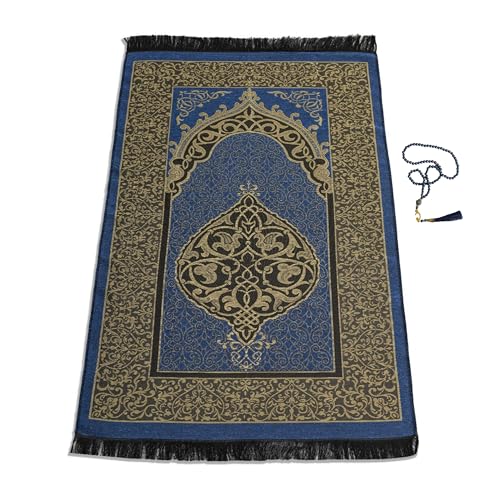 Muslim Prayer Rug with Islam Prayer Beads - Travel Prayer Mat, Islamic Gifts for Women, Portable Prayer Matt Islam, Islamic Prayer Rug Islam Men Women, Praying Mat for Muslim Gifts, Navy - color: Navy