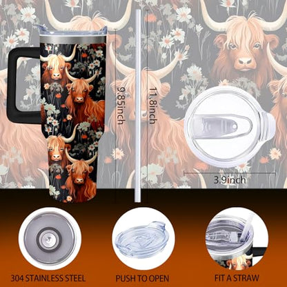40oz Highland Cow Tumbler with Handle and Straw, Stainless Steel Insulated Cup with Lid and Straw, Travel Coffee Mug Water Bottle, Birthday Mothers Day Gifts for Women Men Animal Lovers - color: Highland Cow