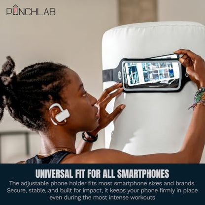 Boxing Phone Holder for Punching Bag – Heavy Bag Strap Mount with Punch Tracker, Fits All Hanging & Freestanding Bags, Works with PunchLab App (Free App Included)