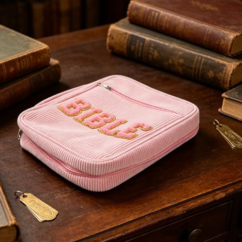 Bible Organizer Carrying Case for Religious Books and Temple Scriptures, Dustproof Corduroy Cover with Zippered Pocket, Pen Slots, and Handle, Stylish Pink Church Bible Storage Bag