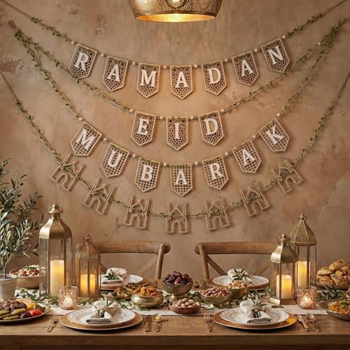 Marsui 4 Pcs Ramadan Eid Mubarak Wood Bead Garland Eid Mubarak Ramadan Hanging Banner Garland Farmhouse Wooden Rustic Neutral Hanging Decor for Party Fireplace Home Wall Sign Decoration - size: Ramadan