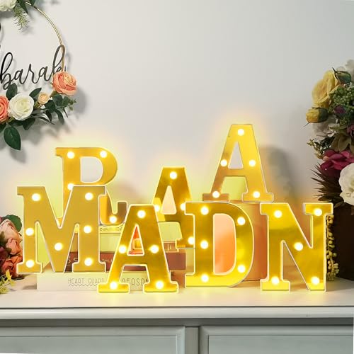 7Pcs Ramadan LED Letter Lights, Battery-Powered Ramadan Table Decoration, LED Light Up Ramadan Letters with Mirror Surface for Islamic Party Decor - color: RAMADAN