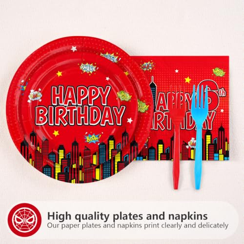 Greencian 96Pcs Red 6th Birthday Party Decorations, Serve 24 | 6th Birthday Plates and Napkins Red Disposable Tableware for Boys 6 Year Old Birthday Party Supplies - style: Spider Birthday Kit