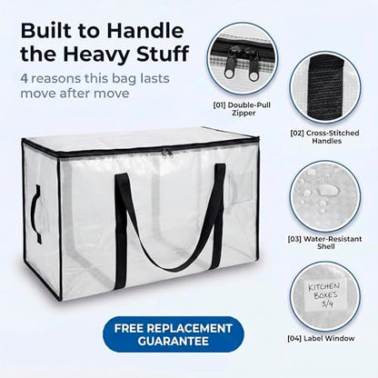 ClearSpace Heavy Duty Moving Bags - Water Resistant Storage Bags with Backpack Straps, Zippers and Handles - Large Moving Boxes for College Dorm, Travel, Closet Organization - 6 Pack, Clear | Heavy-duty moving bags with backpack straps, zippers, and handl