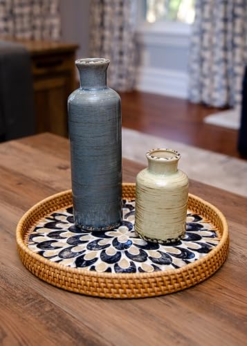 Magenta & Teal Round Rattan Serving Tray with Mother of Pearl Inlay, Wicker Coffee Table Decor, Farmhouse Style (Blue Tan Flower) - color: Blue Tan Flower
