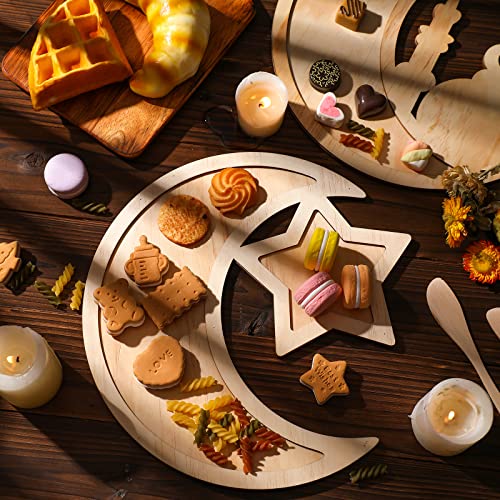 Queekay 2 Pieces Ramadan Tray Eid Mubarak Tray Wooden Star Moon Shaped Ramadan Islam Wooden Artistic Moon Star Dessert Pallet Eid Mubarak Decorations for Table Islam Artistic
