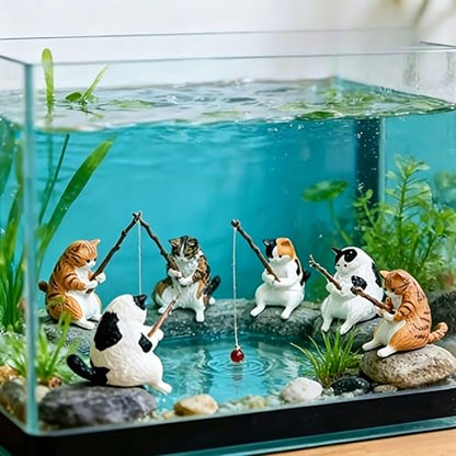 5 Pcs Cute Cat Fishing Figurines, Miniature Resin Ornaments for Fish Tank, Terrarium, Desk, Fairy Garden, Home Decor