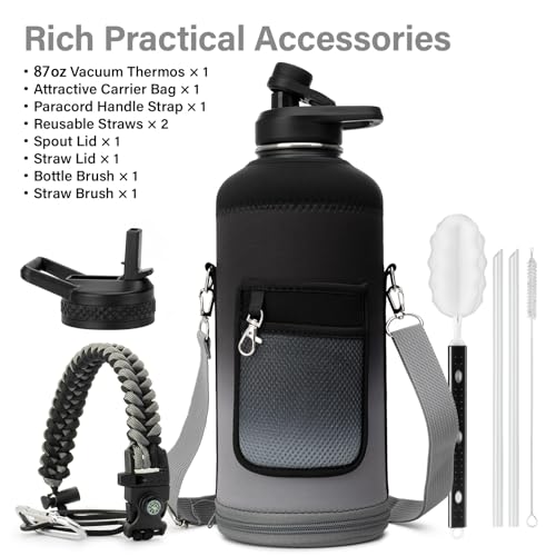 DYSANKY Insulated Water Bottle | Thickened Stainless Steel for Gym and Hiking with Straw, Carrier Bag, Handle Strap | BPA-Free 87 oz - color: Black/Gray, size: 87 Ounces
