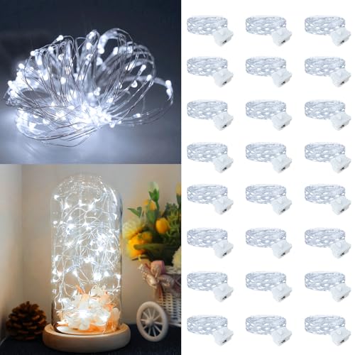 24 Pack Fairy Lights Battery Operated, 7ft 20 LED 3 Modes Speed Twinkle Mini String Lights Waterproof Silver Wire Firefly Starry Lights for Mason Jars Wedding Party Christmas Decorations - color: White, size: 24 Pack