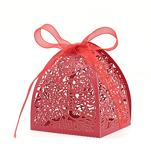 KPOSIYA Pack of 70 Laser Cut Rose Candy Boxes, Favor Boxes 2.5"x 2.5"x 3.1", Gift Boxes Bridal Shower Anniverary Birthday Party Wedding Favor (Red) - color: Red, size: 1 Count (Pack of 70)