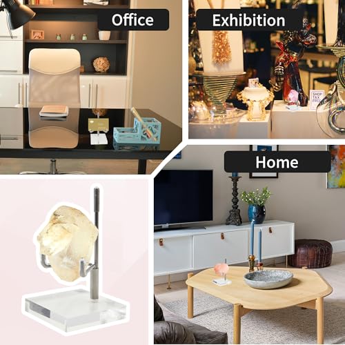4 PCS Adjustable Metal Arm Rock Display Stand, Acrylic Crystal Holder | Clear Crystal Display Stands with Acrylic Base, for Geodes Mineral Agate and Small Collectibles, 2 x 2 x 3.5 Inch