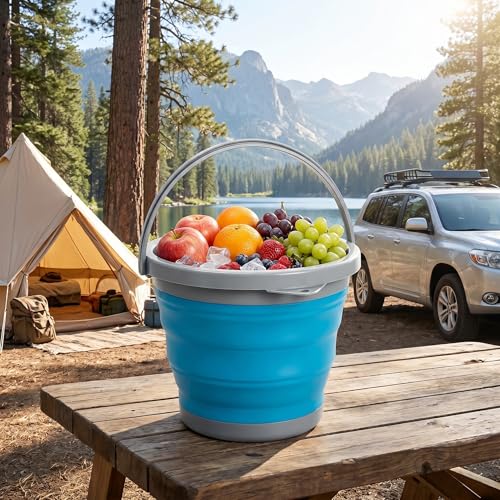 Bekith 2 Pack Collapsible Plastic Bucket with Locking Lid, 5L / 1.32 Gallon Foldable Round Tub Portable Fishing Water Pail for Hiking, Backpacking, Camping and Outdoor Survival (Blue, Gray)
