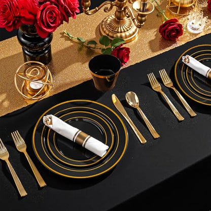 175PCS Black Gold Plastic Dinnerware Set for 25 Guests, Fancy Disposable Plates for Party, Include: 25 Dinner Plates, 25 Dessert Plates, 25 Pre Rolled Napkins with Gold Silverware, 25 Cups - color: Black and Gold