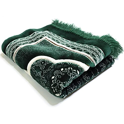 Modefa Turkish Islamic Prayer Rug - Soft Velvet Janamaz Praying Carpet - Comfortable Muslim Praying Mat for Men & Women - Ramadan or Eid Gift - with Kufi Prayer Cap - Elegant Swirl (Green #2) - color: Green #2