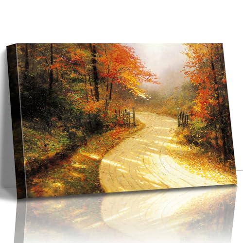 STUDIO HAVEN Thomas Kinkade Canvas Wall Art, Autumn Forest Path Golden Leaves Country Lane with Wooden Fence Oil Painting Poster Tranquil Fall Wall Decor, Framed Prints for Home Decor, 16x12Inch - color: Thomas021, size: 16"L x 12"W