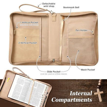 Leather Bible Cover for Women, Floral Bible Case with Handle, Light Brown | Bible Study, Church, Journaling & Travel - color: Light Brown