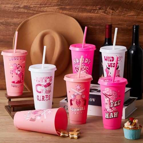 Chuangdi 12 Pcs Cowgirl Western Party Favors Pink Cowgirl Plastic Tumbler Reusable 24 oz Cups with Lids and Straws for Birthday Baby Shower Last Rodeo Party Supplies - style: Cowgirl
