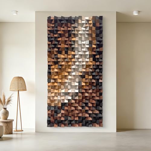 BrightA 3D Wall Art Decor Wooden Wall Art Decor Textured Wall Art Grey Wall Decor Mosaic Wall Art Large Artwork for Living Room Stairway Hallway Wall Decor 23.6"x47.2" - color: Tawny + yellow + beige + reddish-brown, size: 23.6"x47.2"