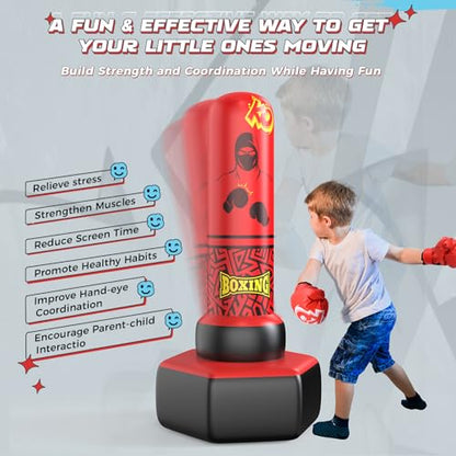 ODOSOLA 67'' Inflatable Punching Bag Freestanding for Kids Aged 3-12 – Heavy Duty Boxing Set for Karate & Taekwondo, Stable Boxing Bag Active Kids Toy, Christmas Birthday Gift for Boys and Girls - color: 레드