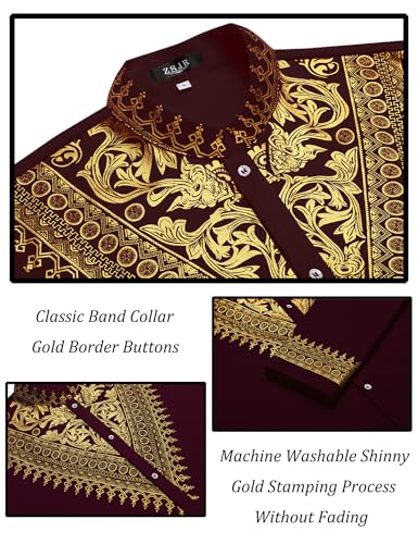 Mens African 2 Piece Set Metallic Traditional Suit Gold Stamp Printed African Dashiki Shirt and Pants Outfit - color: Wine Red, size: Medium