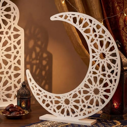 Sintuff 2 Pack Large Wooden Ramadan Decor Islamic Eid Mubarak 3ft Crescent Moon & 4ft Mosque Dome White Floor Decor for Room Entrances Ramadan Kareem Gift Party Home Decoration, Lights Not Included