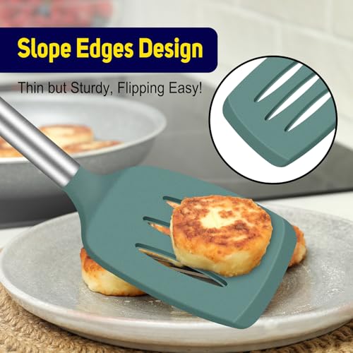 HOTEC Silicone Spatula Set of 2 Heat-Resistant 600F & BPA-Free Kitchen Spatula Turner with Stainless Steel Handles, Slotted & Solid Spatulas for Nonstick Cookware, 13.7 Inch, Sage Green - color: Sage Green