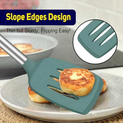 HOTEC Silicone Spatula Set of 2 Heat-Resistant 600F & BPA-Free Kitchen Spatula Turner with Stainless Steel Handles, Slotted & Solid Spatulas for Nonstick Cookware, 13.7 Inch, Sage Green - color: Sage Green